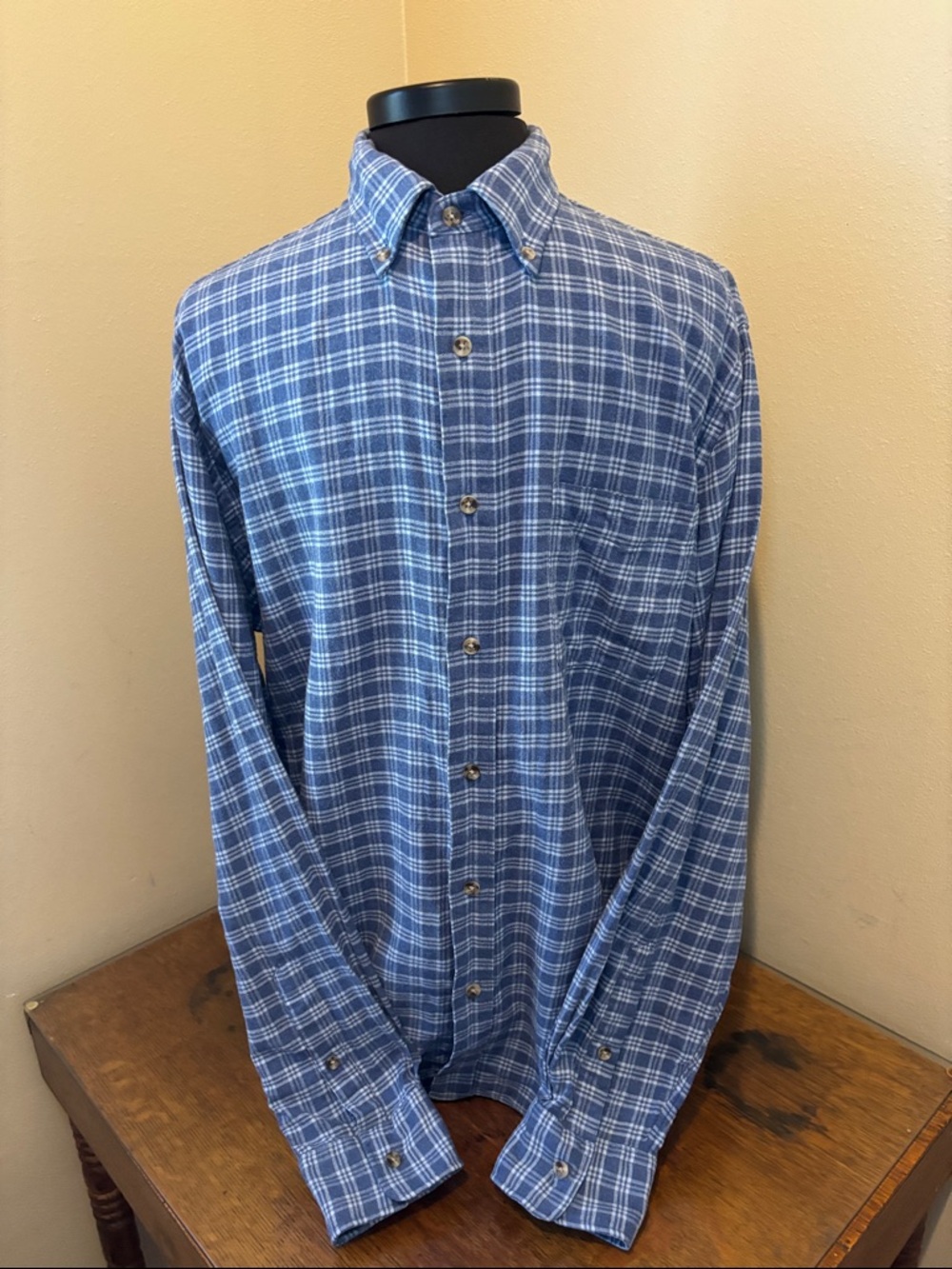 Faherty Blue and White Plaid Button-Down Shirt, 100% cotton flannel, large